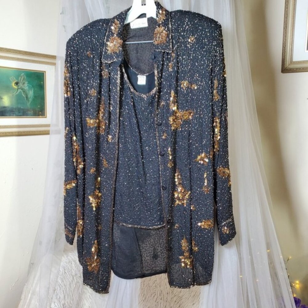 JUDITH ANN CREATIONS Vintage L Black Silk Sequined Jacket Tank Top Set Buttons
